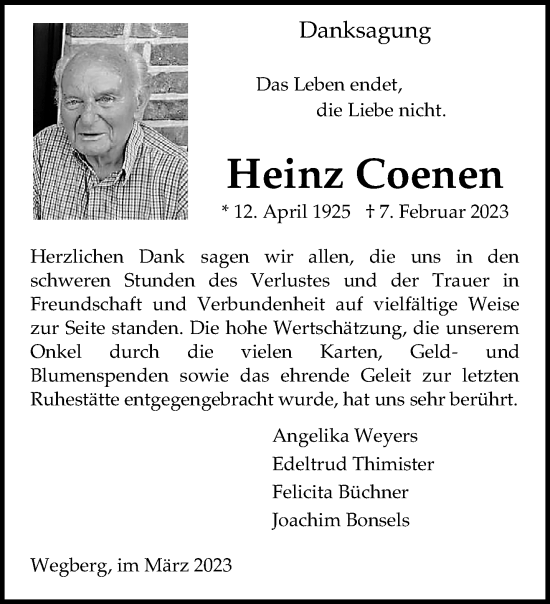 Traueranzeige von Heinz Coenen von trauer.extra-tipp-moenchengladbach.de