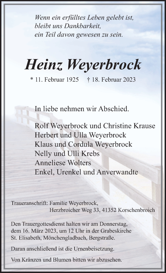 Traueranzeige von Heinz Weyerbrock von trauer.extra-tipp-moenchengladbach.de