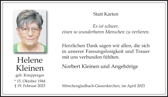 Traueranzeige von Helene Kleinen von trauer.extra-tipp-moenchengladbach.de