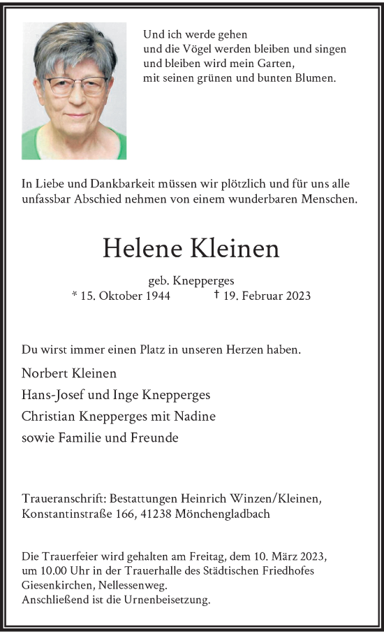 Traueranzeige von Helene Kleinen von trauer.extra-tipp-moenchengladbach.de