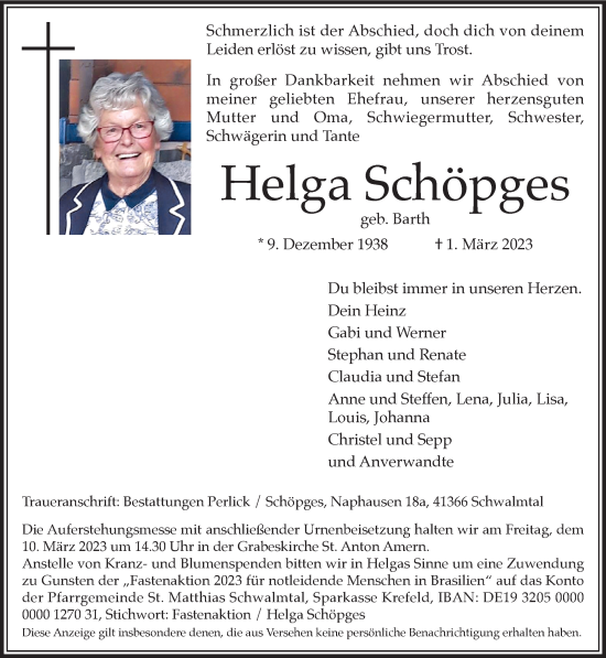 Traueranzeige von Helga Schöpges von trauer.extra-tipp-moenchengladbach.de