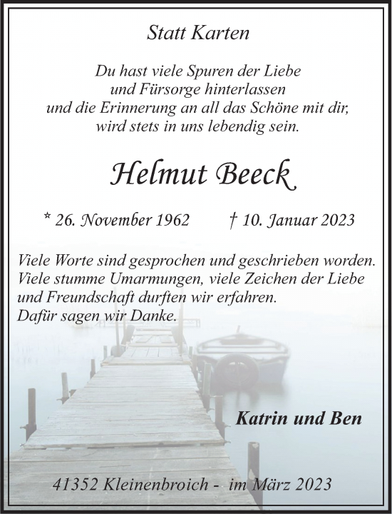 Traueranzeige von Helmut Beeck von trauer.extra-tipp-moenchengladbach.de