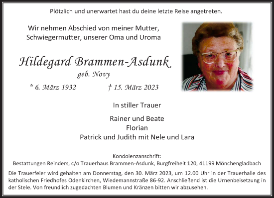 Traueranzeige von Hildegard Brammen-Asdunk von trauer.extra-tipp-moenchengladbach.de