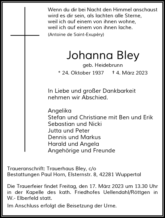 Traueranzeige von Johanna Bley von trauer.wuppertaler-rundschau.de