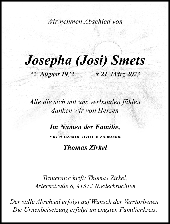 Traueranzeige von Josepha Smets von trauer.extra-tipp-moenchengladbach.de