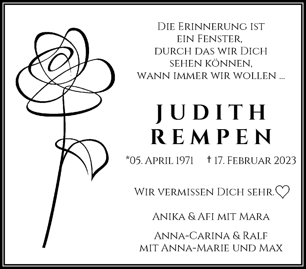  Traueranzeige für Judith Rempen vom 04.03.2023 aus trauer.wuppertaler-rundschau.de