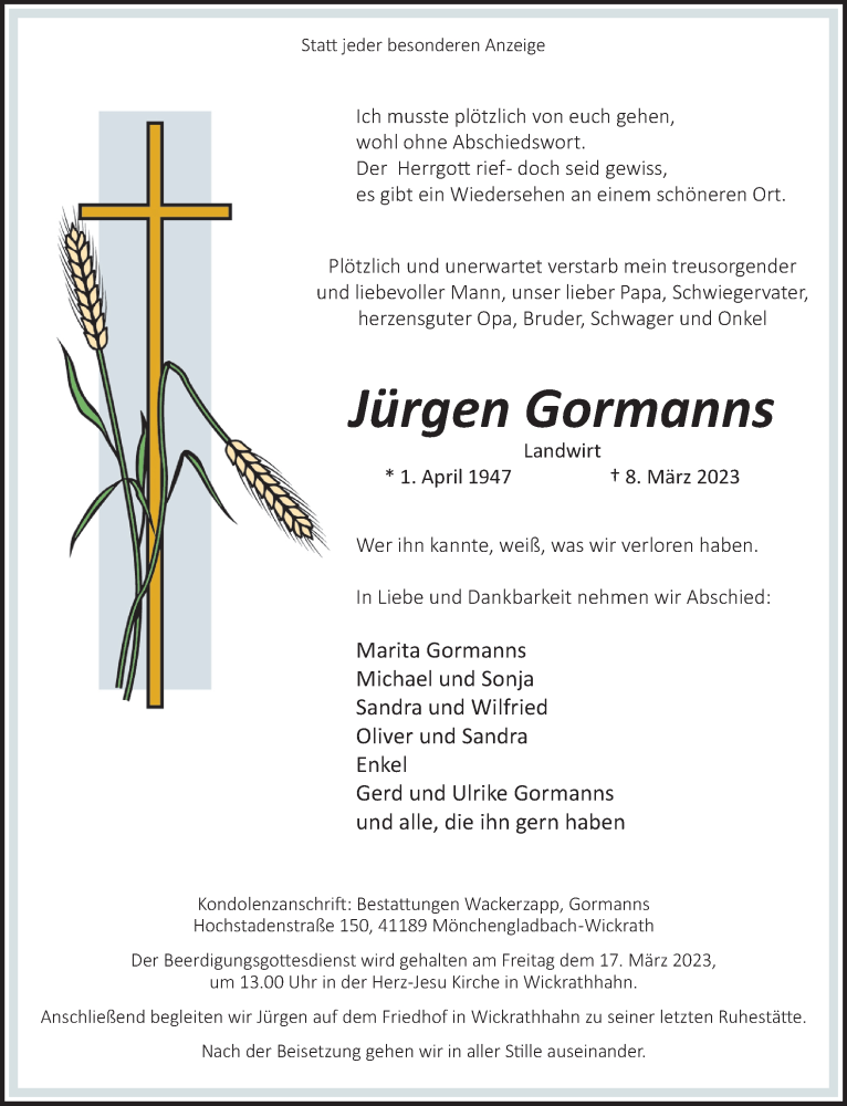  Traueranzeige für Jürgen Gormanns vom 12.03.2023 aus trauer.extra-tipp-moenchengladbach.de