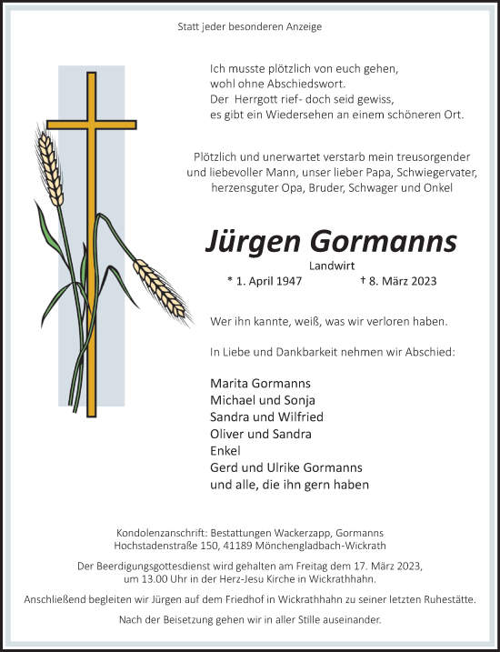 Traueranzeige von Jürgen Gormanns von trauer.extra-tipp-moenchengladbach.de