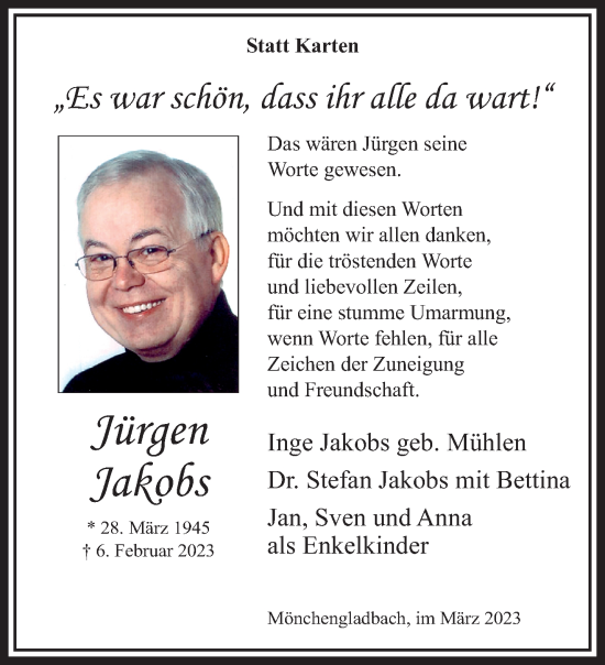 Traueranzeige von Jürgen Jakobs von trauer.extra-tipp-moenchengladbach.de
