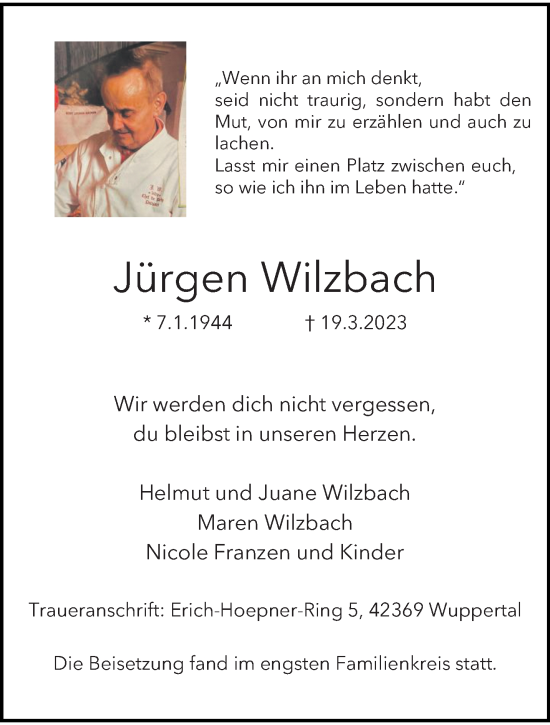 Traueranzeige von Jürgen Wilzbach von trauer.wuppertaler-rundschau.de