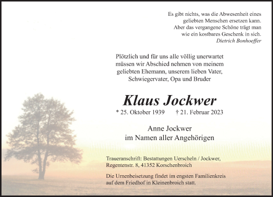 Traueranzeige von Klaus Jockwer von trauer.extra-tipp-moenchengladbach.de