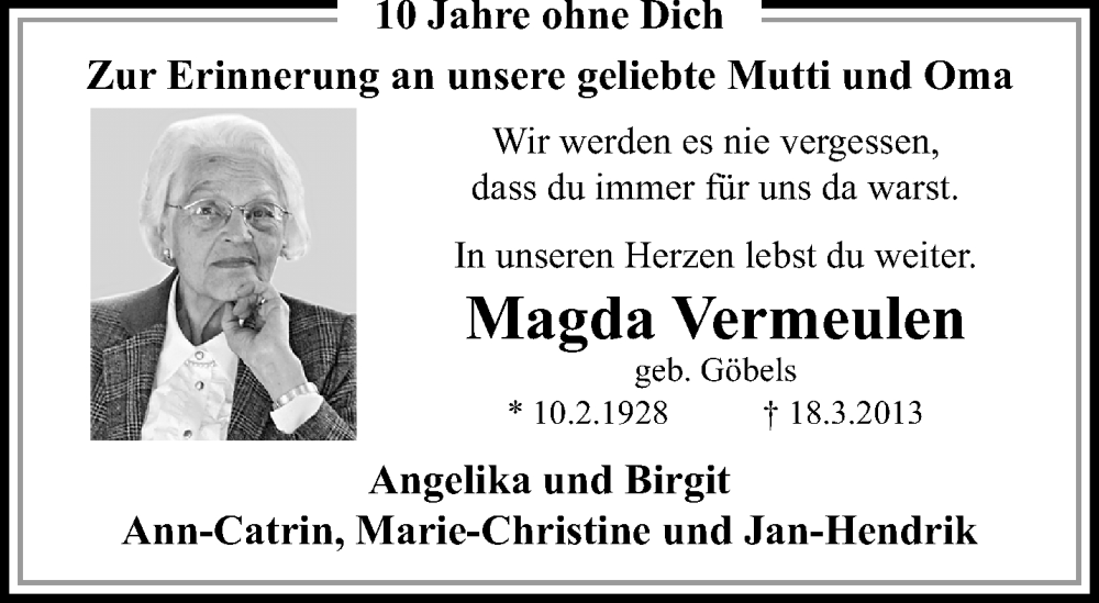  Traueranzeige für Magda Vermeulen vom 19.03.2023 aus trauer.mein.krefeld.de