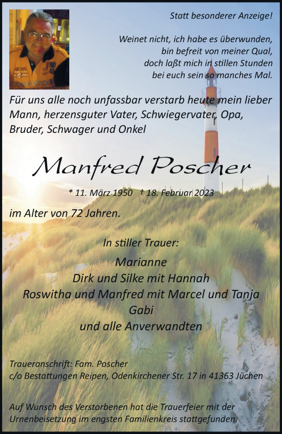 Traueranzeige von Manfred Poscher von trauer.extra-tipp-moenchengladbach.de
