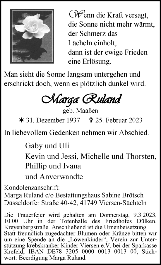 Traueranzeige von Marga Ruland von trauer.extra-tipp-moenchengladbach.de