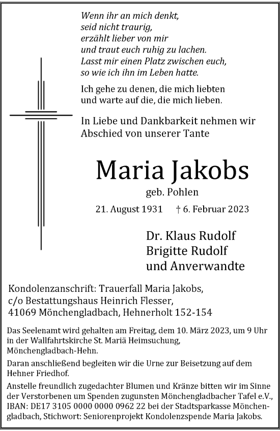 Traueranzeige von Maria Jakobs von trauer.extra-tipp-moenchengladbach.de