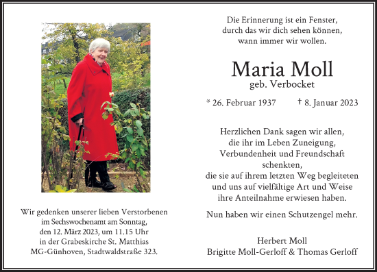 Traueranzeige von Maria Moll von trauer.extra-tipp-moenchengladbach.de