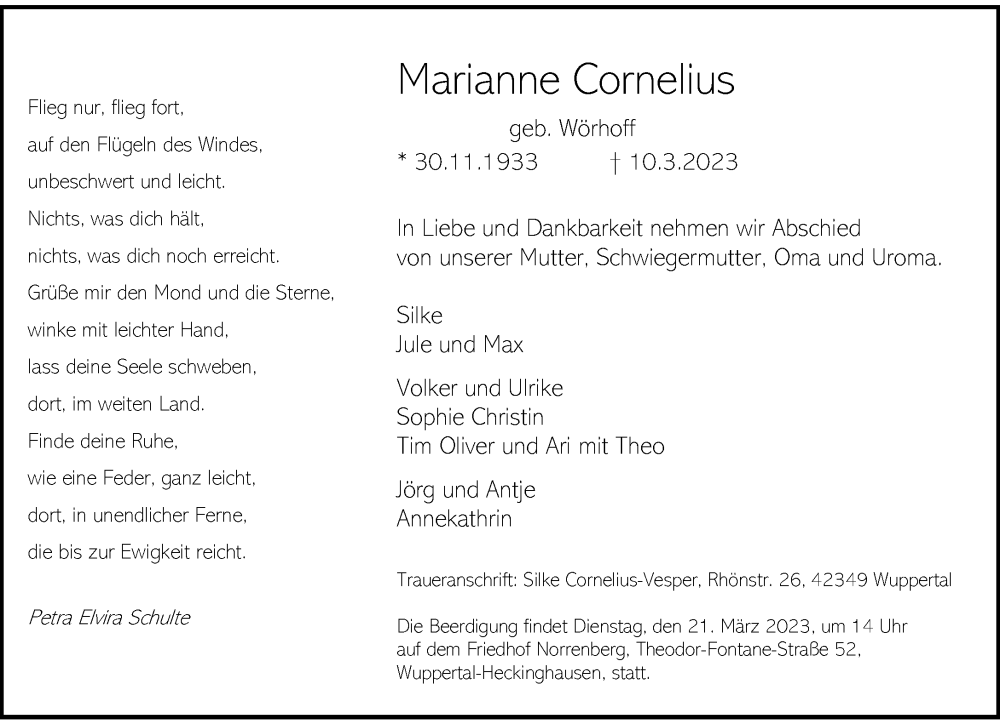  Traueranzeige für Marianne Cornelius vom 18.03.2023 aus trauer.wuppertaler-rundschau.de