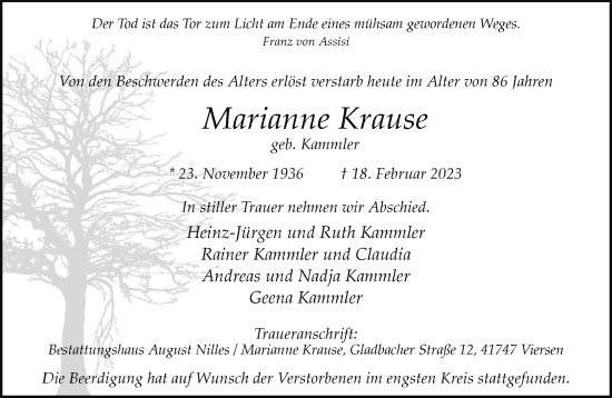 Traueranzeige von Marianne Krause von trauer.extra-tipp-moenchengladbach.de