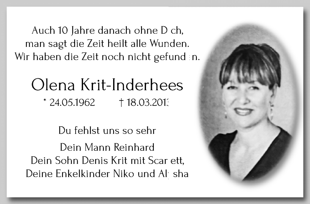  Traueranzeige für Olena Krit-Inderhees vom 19.03.2023 aus trauer.extra-tipp-moenchengladbach.de
