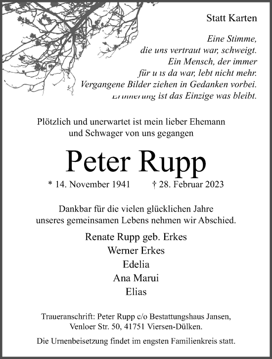 Traueranzeige von Peter Rupp von trauer.extra-tipp-moenchengladbach.de