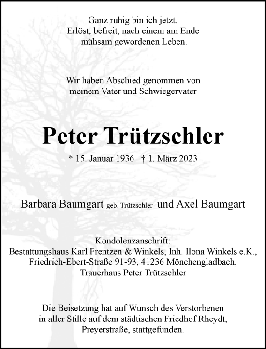 Traueranzeige von Peter Trützschler von trauer.extra-tipp-moenchengladbach.de