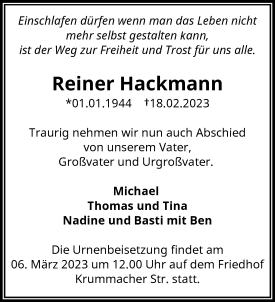 Traueranzeige von Reiner Hackmann von trauer.wuppertaler-rundschau.de