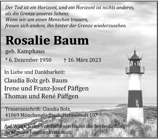 Traueranzeige von Rosalie Baum von trauer.extra-tipp-moenchengladbach.de