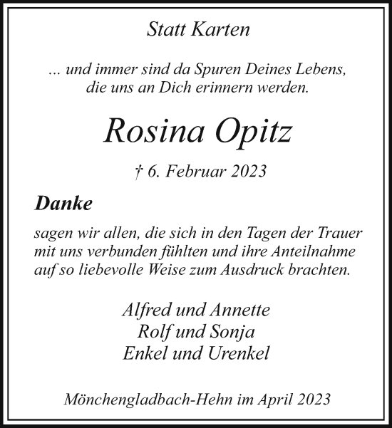 Traueranzeige von Rosina Opitz von trauer.extra-tipp-moenchengladbach.de