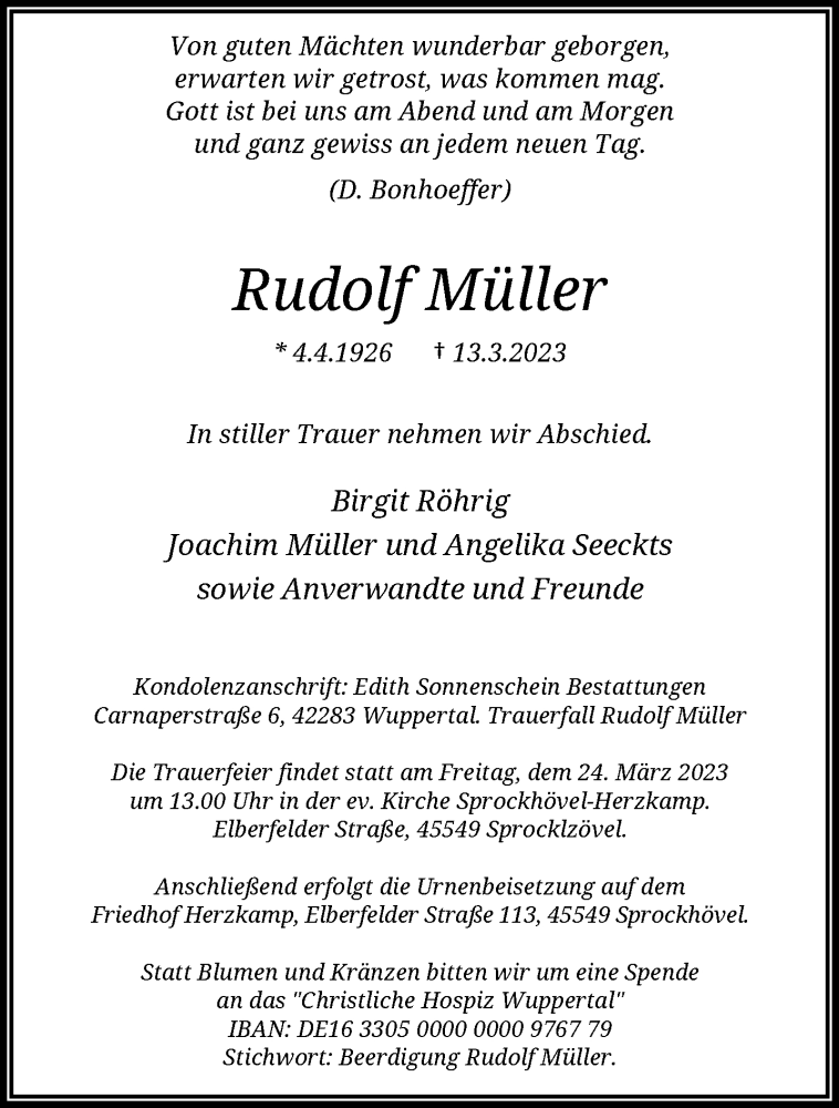  Traueranzeige für Rudolf Müller vom 18.03.2023 aus trauer.wuppertaler-rundschau.de