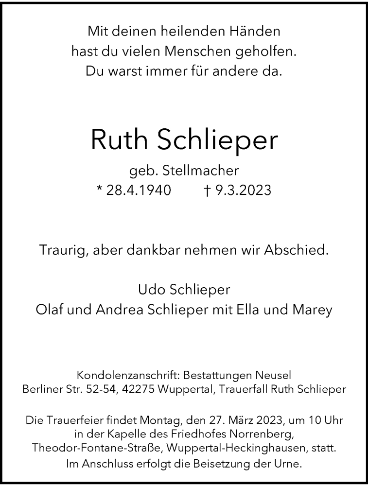  Traueranzeige für Ruth Schlieper vom 18.03.2023 aus trauer.wuppertaler-rundschau.de