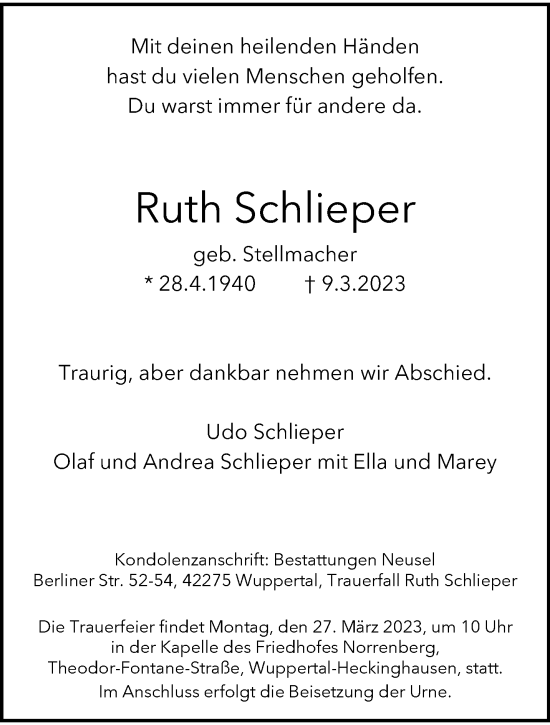Traueranzeige von Ruth Schlieper von trauer.wuppertaler-rundschau.de