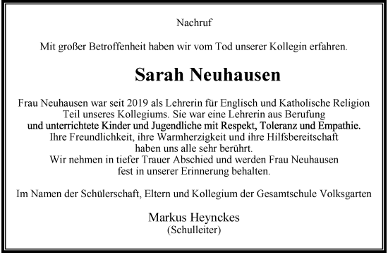 Traueranzeige von Sarah Neuhausen von trauer.extra-tipp-moenchengladbach.de