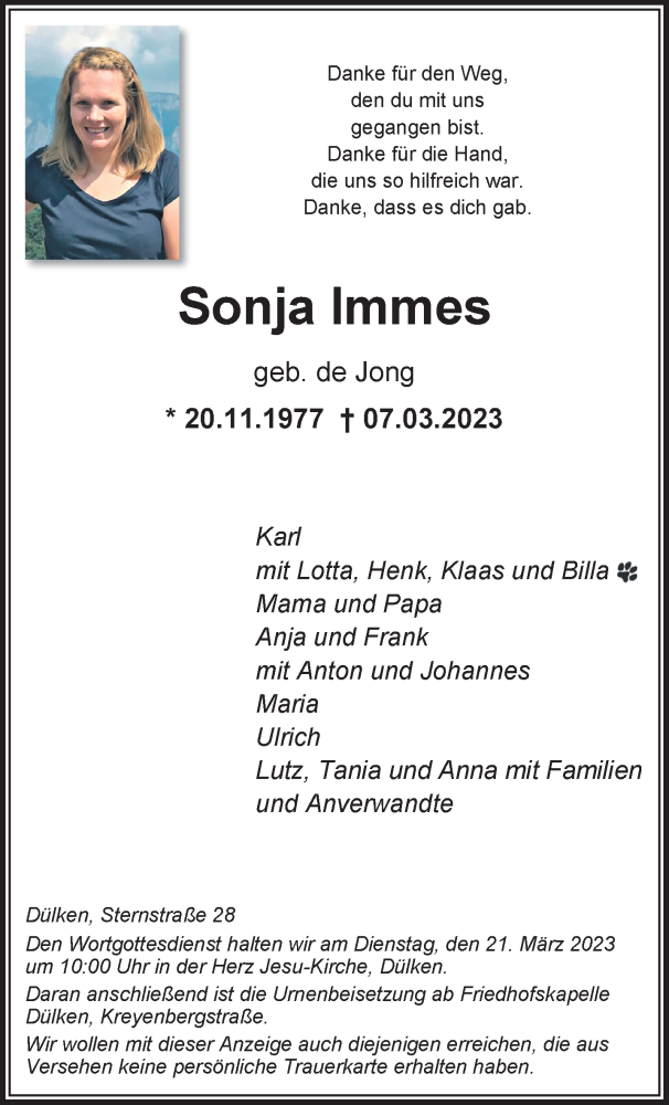  Traueranzeige für Sonja Immes vom 19.03.2023 aus trauer.extra-tipp-moenchengladbach.de