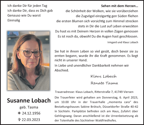 Traueranzeige von Susanne Lobach von trauer.extra-tipp-moenchengladbach.de