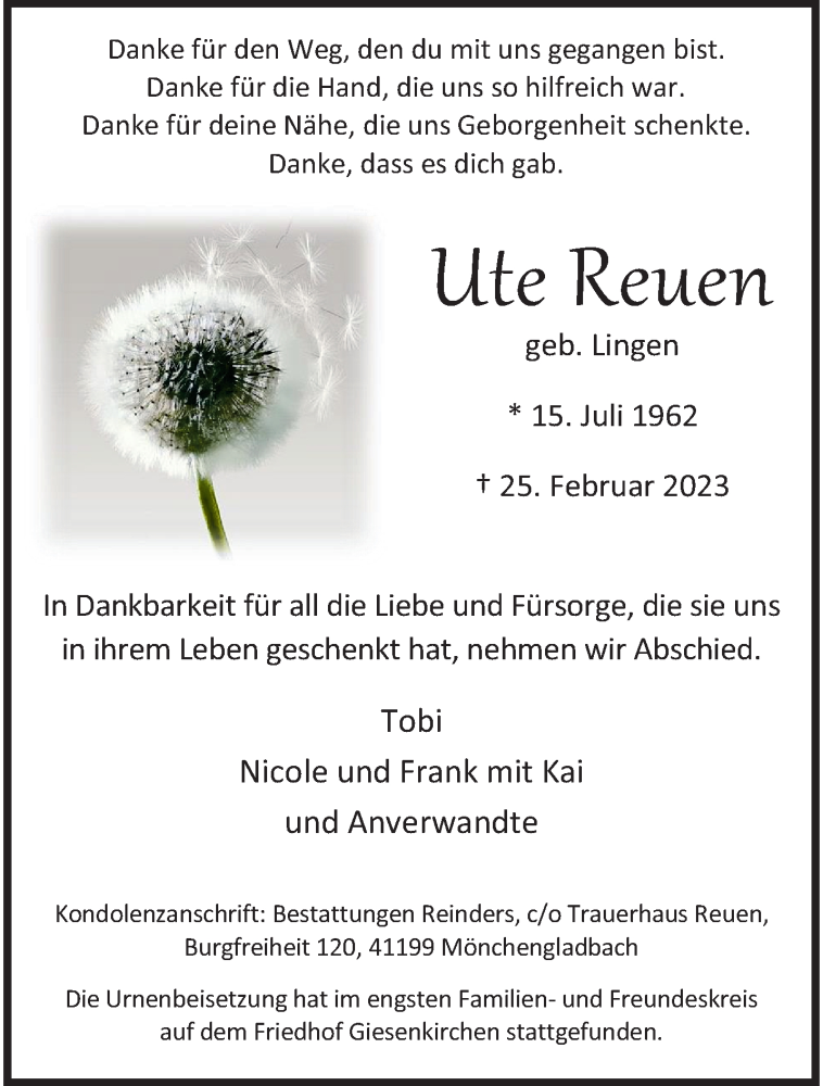  Traueranzeige für Ute Reuen vom 19.03.2023 aus trauer.extra-tipp-moenchengladbach.de
