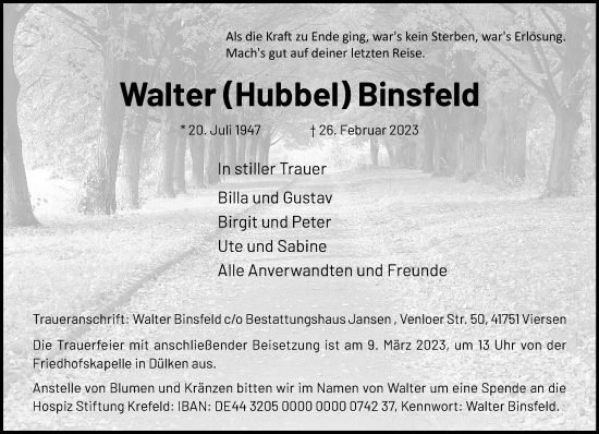 Traueranzeige von Walter Binsfeld von trauer.extra-tipp-moenchengladbach.de