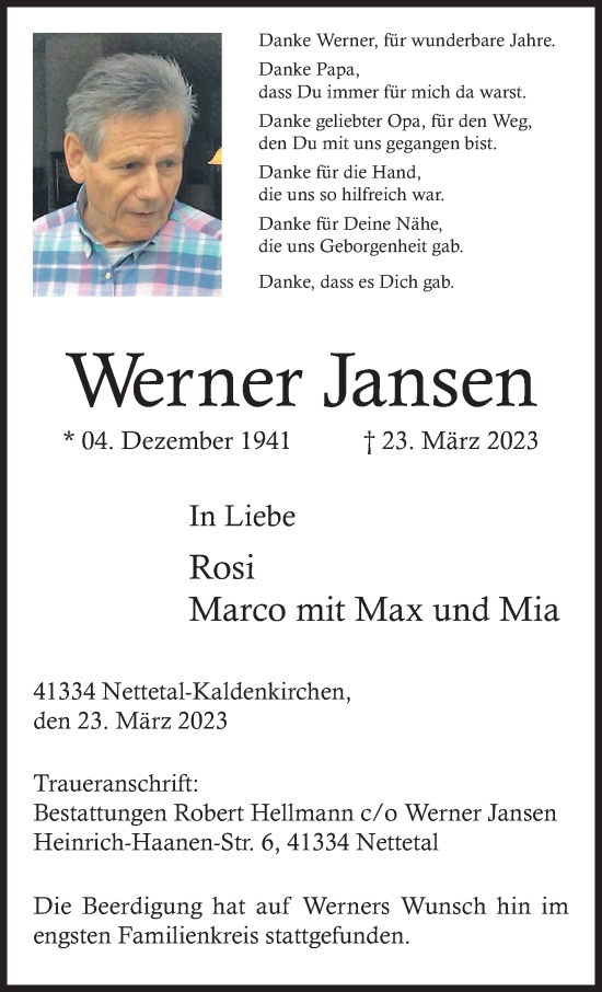 Traueranzeige von Werner Jansen von trauer.extra-tipp-moenchengladbach.de