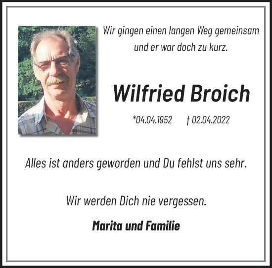 Traueranzeige von Wilfried Broich von trauer.extra-tipp-moenchengladbach.de