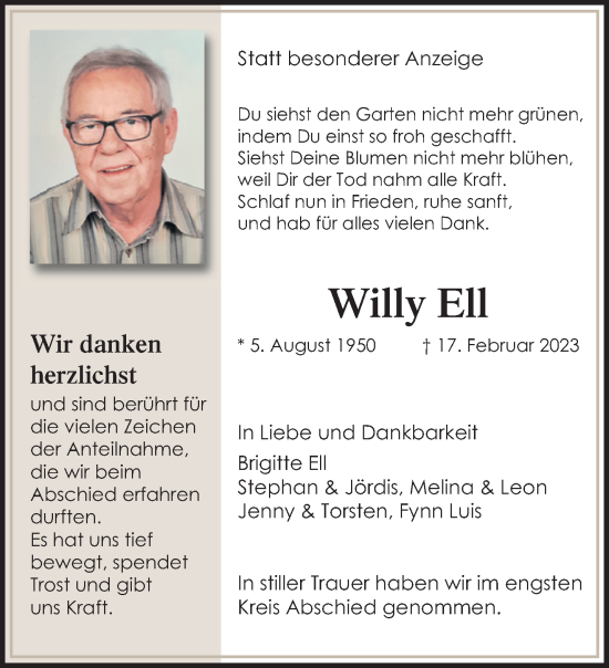 Traueranzeige von Willy Ell von trauer.extra-tipp-moenchengladbach.de