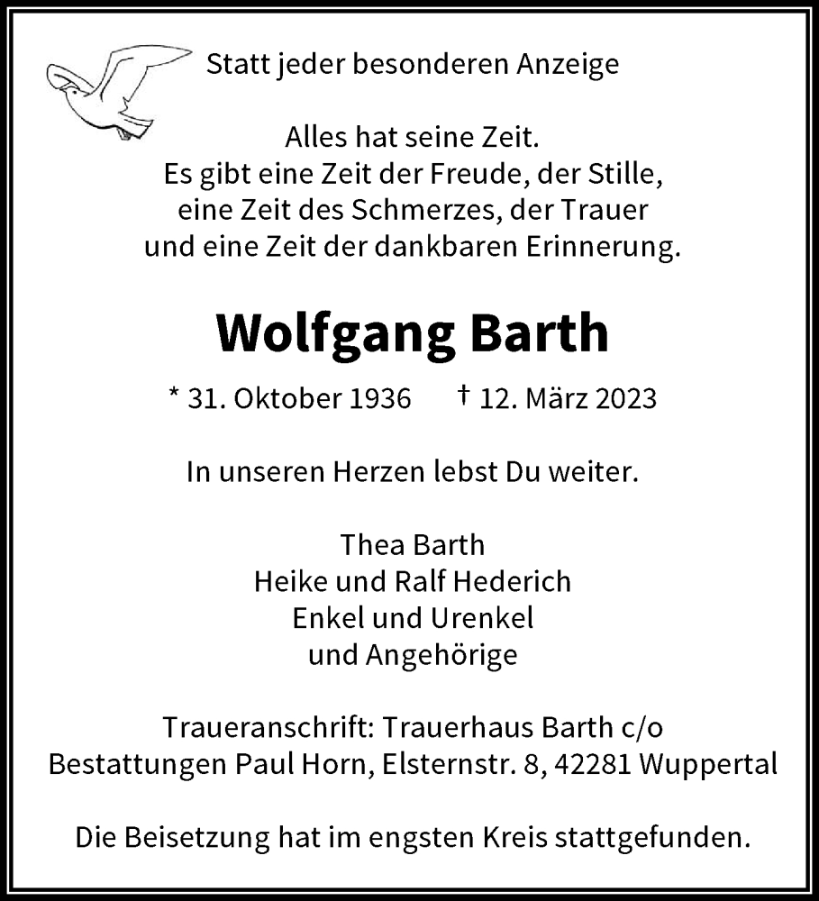  Traueranzeige für Wolfgang Barth vom 18.03.2023 aus trauer.wuppertaler-rundschau.de