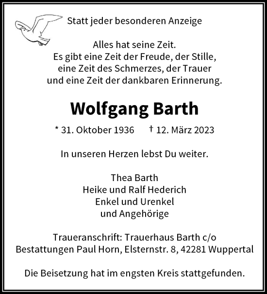 Traueranzeige von Wolfgang Barth von trauer.wuppertaler-rundschau.de