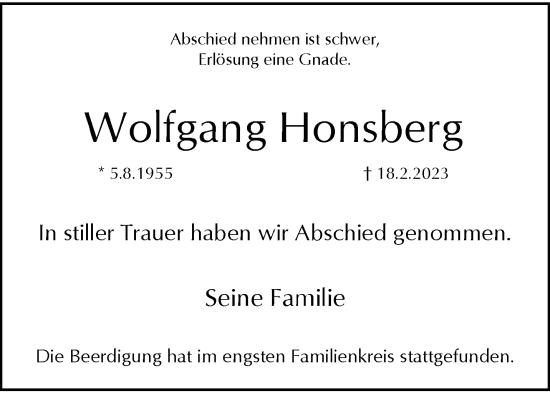 Traueranzeige von Wolfgang Honsberg von trauer.wuppertaler-rundschau.de