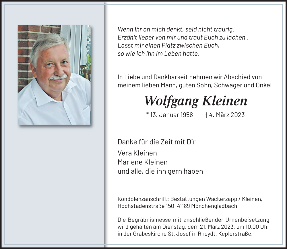  Traueranzeige für Wolfgang Kleinen vom 19.03.2023 aus trauer.extra-tipp-moenchengladbach.de