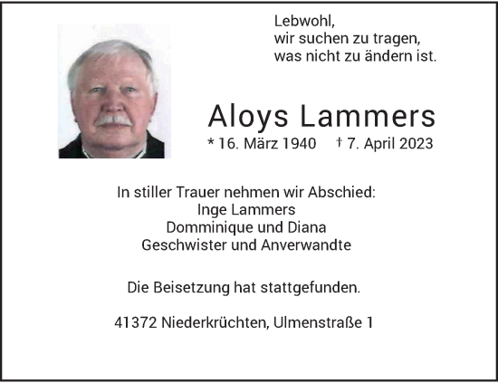 Traueranzeige von Aloys Lammers von trauer.extra-tipp-moenchengladbach.de