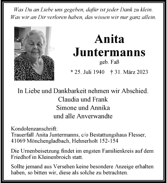 Traueranzeige von Anita Juntermanns von trauer.extra-tipp-moenchengladbach.de