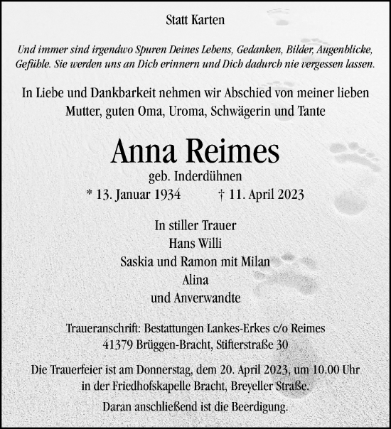 Traueranzeige von Anna Reimes von trauer.extra-tipp-moenchengladbach.de