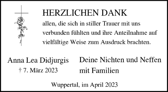 Traueranzeige von Anna Lea Didjurgis von trauer.wuppertaler-rundschau.de