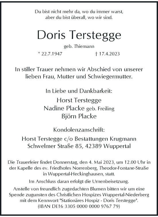 Traueranzeige von Doris Terstegge von trauer.wuppertaler-rundschau.de