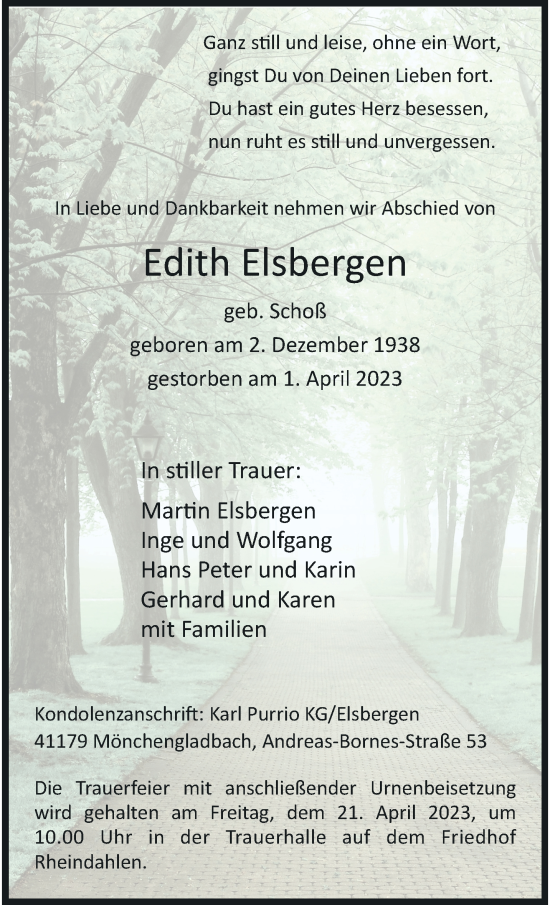 Traueranzeige von Edith Elsbergen von trauer.extra-tipp-moenchengladbach.de