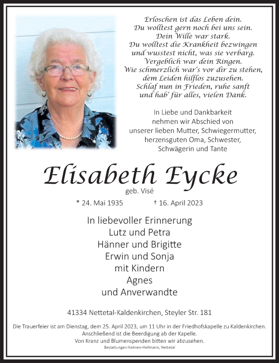 Traueranzeige von Elisabeth Eycke von trauer.extra-tipp-moenchengladbach.de